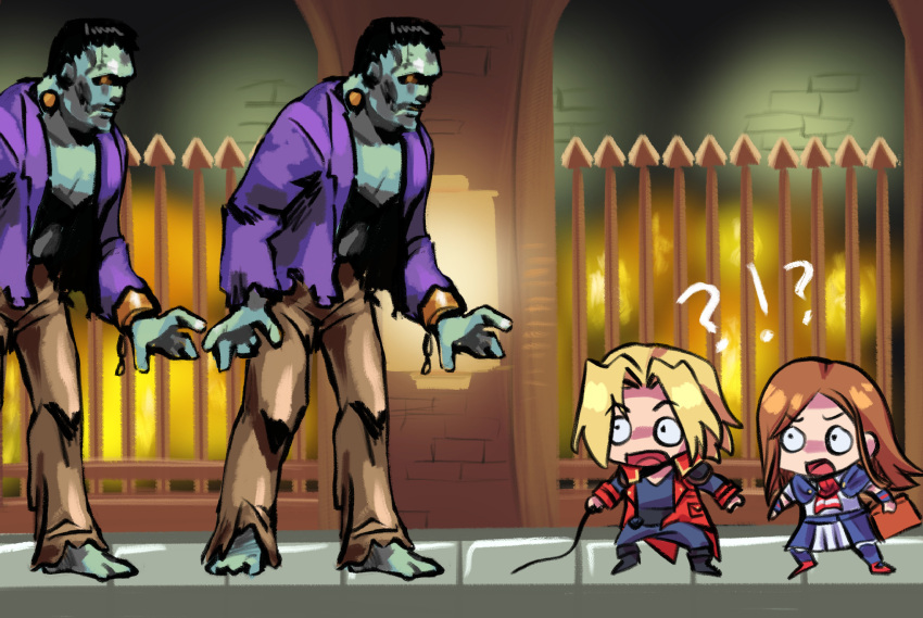 !?, 1boy, 1girl, ?, ascot, black_hair, blonde_hair, book, brown_hair, brown_pants, castlevania:_portrait_of_ruin, castlevania_(series), charlotte_aulin, chibi, coat, colored_skin, frankenstein's_monster, green_skin, highres, holding, holding_book, holding_whip, jacket, jonathan_morris, long_hair, open_mouth, pants, peegeray, purple_jacket, red_ascot, red_coat, skirt, the_creature, whip