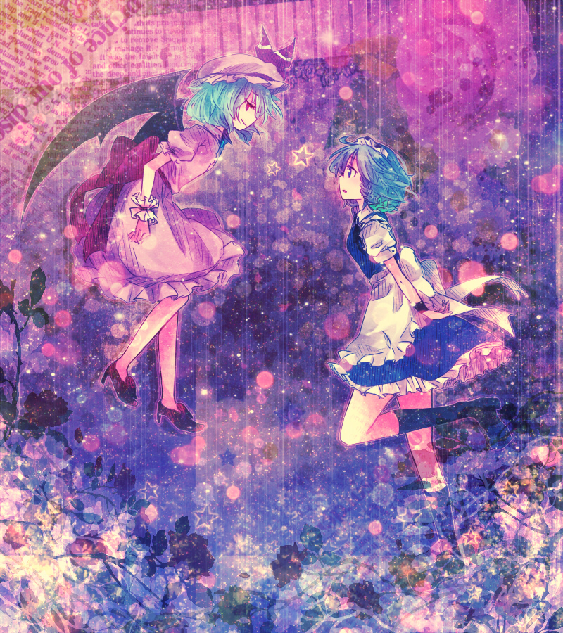 bat_wings, blue_eyes, blue_hair, bow, braid, dress, girls, hat