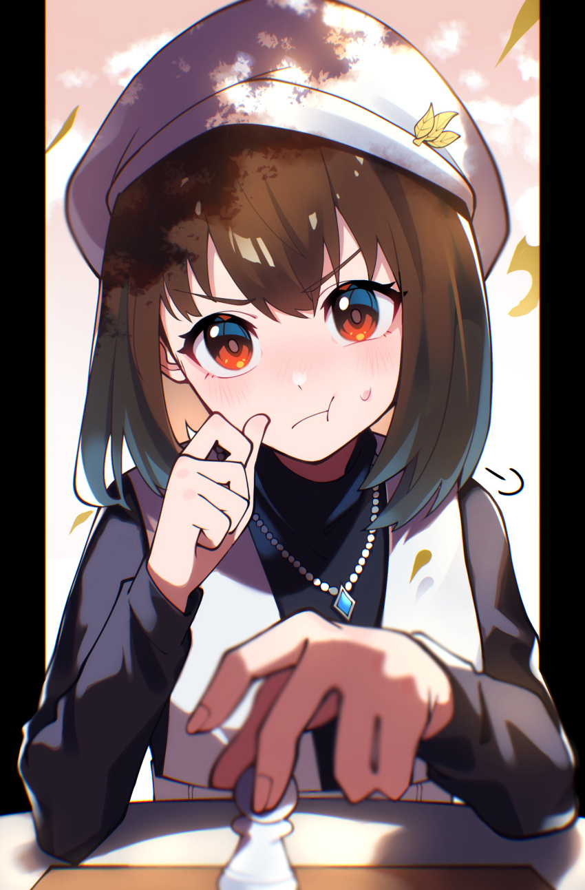 1girl, absurdres, beret, brown_hair, chess_piece, hat, highres, holding