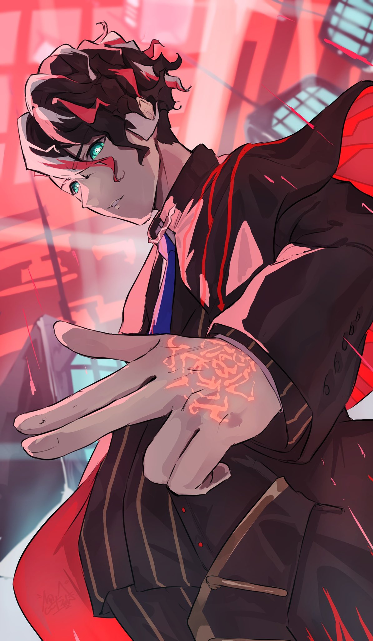 1boy, black_hair, blue_necktie, finger_gun, green_eyes, hand_tattoo, highres, jacket