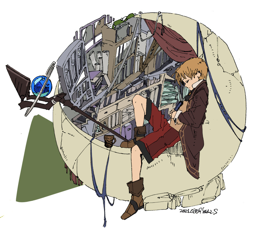 1boy, animator, book, bookshelf, boots, brown_cloak, brown_footwear, brown_hair