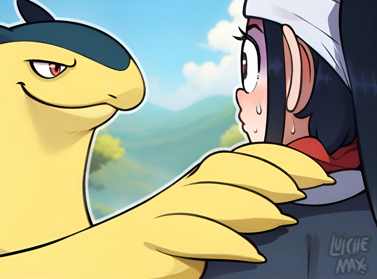 1girl, 2024_pokemon_teraleak, :o, akakichi_no_eleven_redraws, akari_(pokemon), artist_logo, black_hair, blue_fur, day, eye_contact, forest, galaxy_expedition_team_survey_corps_uniform, logo, long_hair, looking_at_another, luichemax, nature, outdoors, pokemon, pokemon_(creature), pokemon_legends:_arceus, smile, smug, sweat, two-tone_fur, typhlosion, upper_body, yellow_fur, you_gonna_get_raped