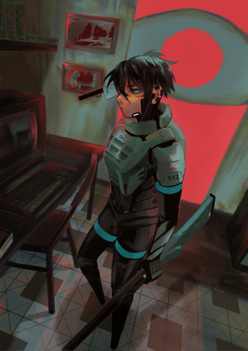 1girl, android, armor, black_hair, blue_eyes, book, bookshelf, chair, computer, computer_keyboard, digitigrade, disembodied_eye, double-barreled_rifle, elster_(signalis), gun, highres, isle_of_the_dead_(painting), knife_in_head, mattress, object_through_head, photo_(object), picture_frame, red_eyes, rifle, safe_(container), shores_of_oblivion, short_hair, sidelocks, signalis, solo, stab, weapon, yuulinshi