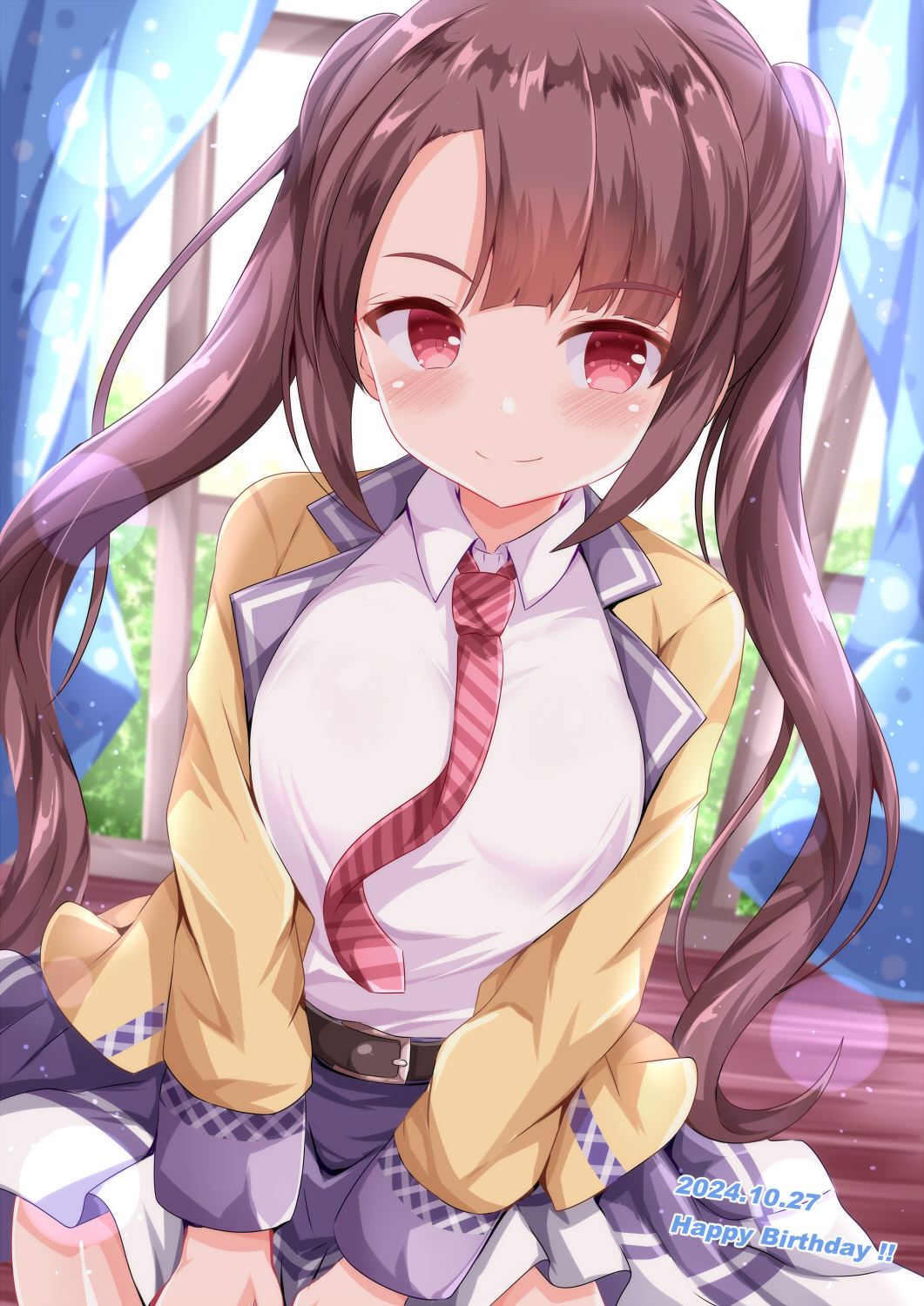 1girl, asymmetrical_bangs, belt, belt_buckle, black_belt, blush, breasts, brown_hair