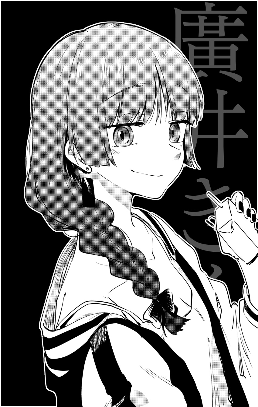 1girl, alcohol_carton, bocchi_the_rock!, braid, dress, earrings, flat_chest, greyscale