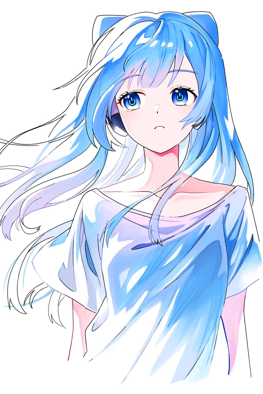 1girl, 87fubuki, behind-the-head_headphones, blue_eyes, blue_hair, collarbone, cone_hair_bun, gradient_hair
