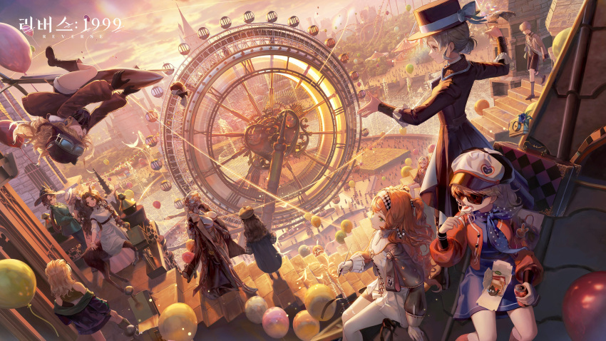 1boy, 6+girls, absurdres, air_writing, amusement_park, animal_ear_headwear, animal_ears, aviator_cap