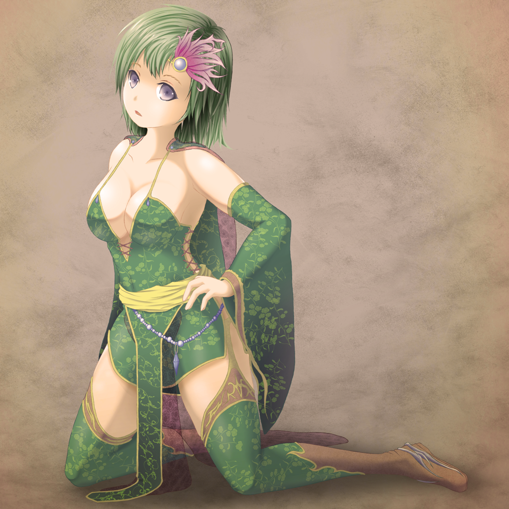 1girl, breasts, cape, cleavage, detached_sleeves, final_fantasy, final_fantasy_iv, green_hair, green_legwear, hair_ornament, masatome, rydia, solo, thighhighs