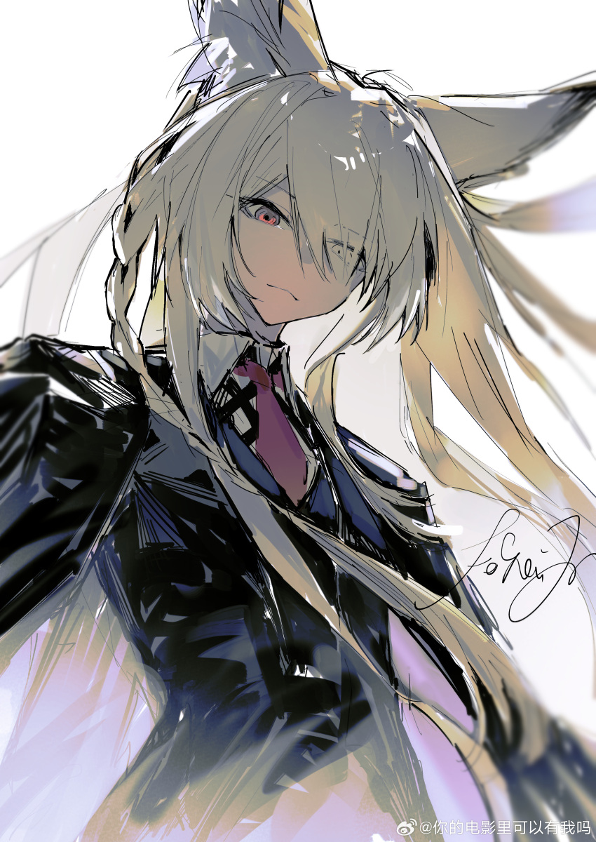 1girl, absurdres, animal_ear_fluff, animal_ears, arknights, artist_name, black_jacket, black_suit, blonde_hair, braid, chinese_commentary, closed_mouth, commentary_request, eyes_visible_through_hair, fangheguishan53581, floating_hair, fox_ears, fox_girl, from_below, hair_over_one_eye, highres, jacket, jacket_on_shoulders, long_hair, looking_at_viewer, necktie, red_eyes, red_necktie, signature, simple_background, sketch, solo, suit, suit_jacket, upper_body, vulpisfoglia_(arknights), watermark, weibo_watermark, white_background