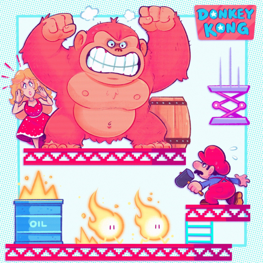 1girl, 2boys, angry, ape, barrel, blonde_hair, commentary, donkey_kong