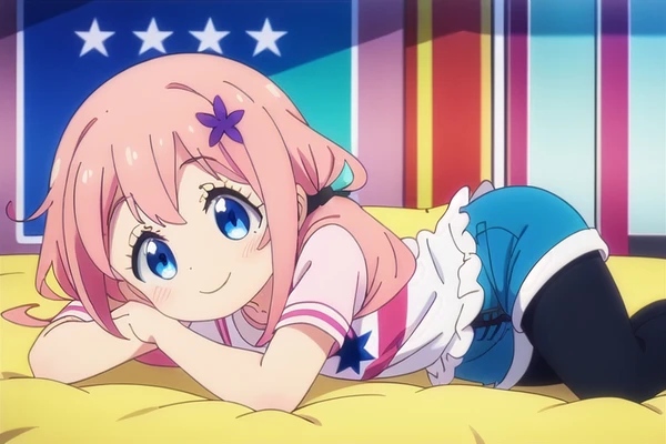 1girl, blue_eyes, blue_skirt, dress, happy, hot_deep_pink_t-shirt, japanese, long_hair