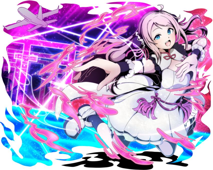 1girl, absurdres, aircraft, airplane, blue_eyes, bun_cover, cleavage_cutout, clothing_cutout