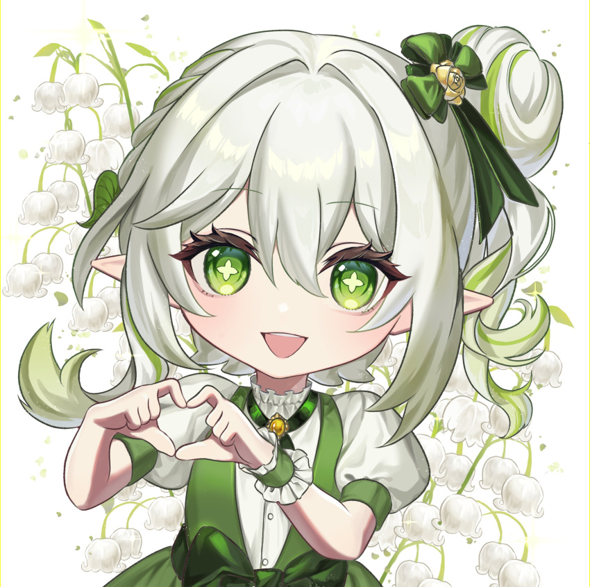 1girl, 4-finger_heart_hands, :d, absurdres, alternate_costume, alternate_hairstyle, commentary, dress