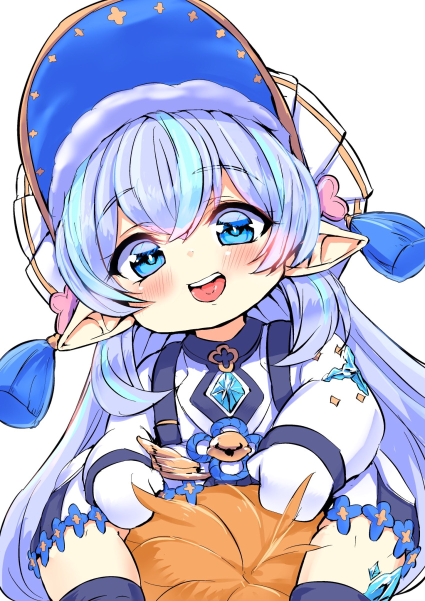 1boy, 1girl, backpack, bag, bijiru_(vigilialive2), bonnet, dress, gloves, gran_(granblue_fantasy), granblue_fantasy, green_hair, hair_between_eyes, harvin, hat_tassel, highres, long_hair, long_sleeves, mittens, multicolored_hair, on_head, open_mouth, purple_hair, randoseru, streaked_hair, twintails, uruki_(granblue_fantasy), very_long_hair, white_dress