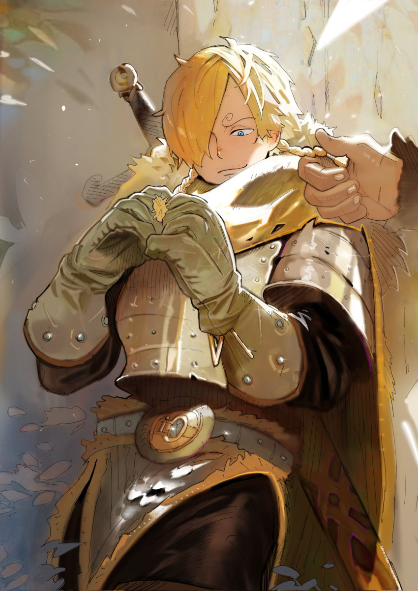1boy, 1other, alternate_hairstyle, armor, belt, blonde_hair, blue_eyes, braid, braiding_hair, breastplate, cape, commentary, curly_eyebrows, english_commentary, gauntlets, hair_over_one_eye, hairdressing, highres, looking_down, male_focus, official_alternate_costume, olu_1132, one_piece, sanji_(one_piece), short_hair, simple_background, smile, standing, sword, twin_braids, viking, weapon