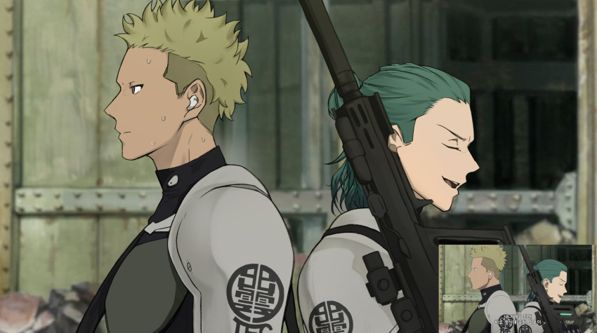 2boys, absurdres, aoi_kaguragi, back-to-back, blonde_hair, bodysuit, chijeulanggim, closed_eyes, closed_mouth, derivative_work, from_side, green_hair, gun, haruichi_izumo, highres, holding, holding_gun, holding_weapon, kaijuu_no._8, male_focus, multiple_boys, open_mouth, screenshot_redraw, upper_body, weapon