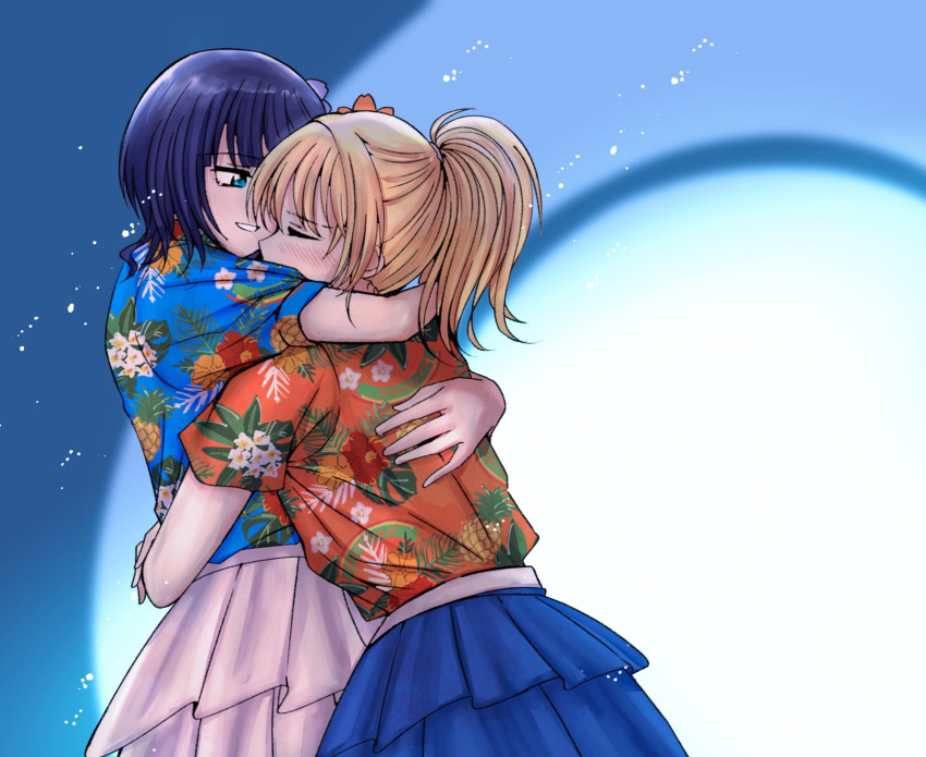 2girls, asaka_karin, blonde_hair, blue_eyes, blue_flower, blue_hair, blue_shirt, blue_skirt