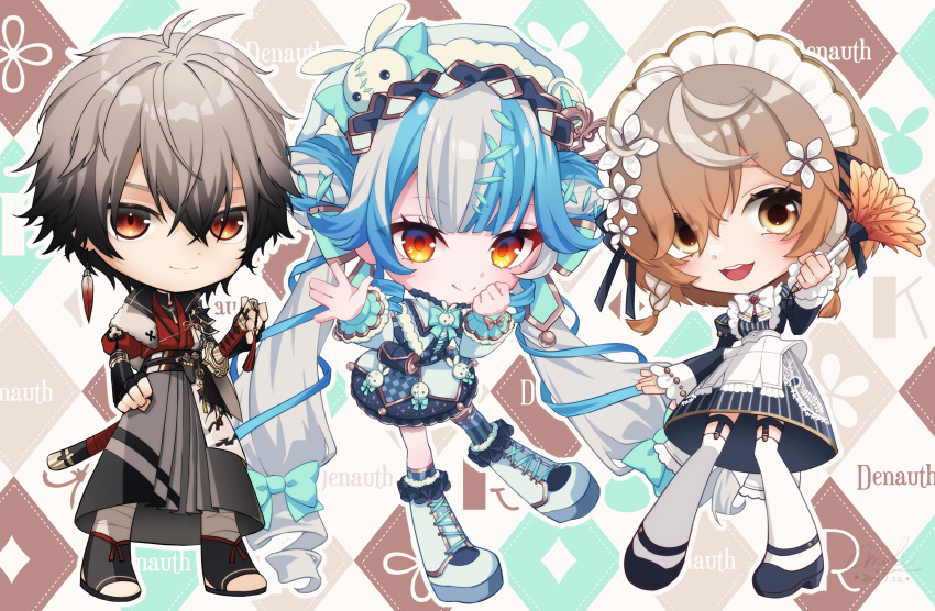 1boy, 2girls, absurdres, antenna_hair, apron, black_dress, black_footwear, black_gloves, black_hair, blue_bow, blue_bowtie, blue_hair, blue_ribbon, boots, bow, bowtie, brown_eyes, brown_hair, chibi, closed_mouth, colored_tips, denauth, dress, duster, feather_duster, fingerless_gloves, gloves, grey_hair, hair_ribbon, highres, holding, holding_duster, katana, klara_charmwood, knee_boots, maid, maid_headdress, mil2, multicolored_hair, multiple_girls, nijisanji, nijisanji_en, pinstripe_dress, pinstripe_pattern, ribbon, ryoma_barrenwort, sheath, sheathed, short_hair, smile, sword, thigh-highs, twisty_amanozako, two-tone_hair, virtual_youtuber, weapon, white_apron, white_footwear, white_hair, white_thighhighs