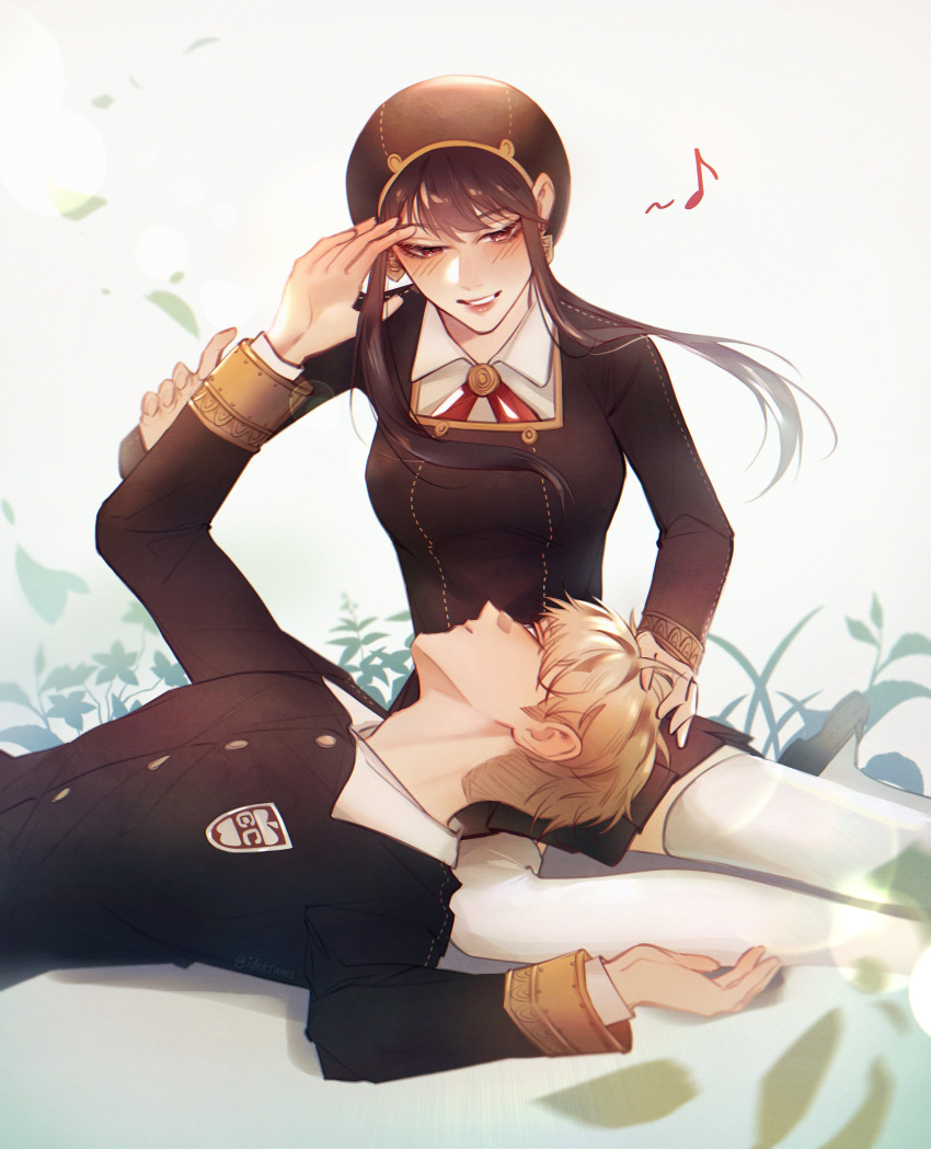 1boy, 1girl, absurdres, alternate_universe, beret, black_hair, black_hat, black_shirt