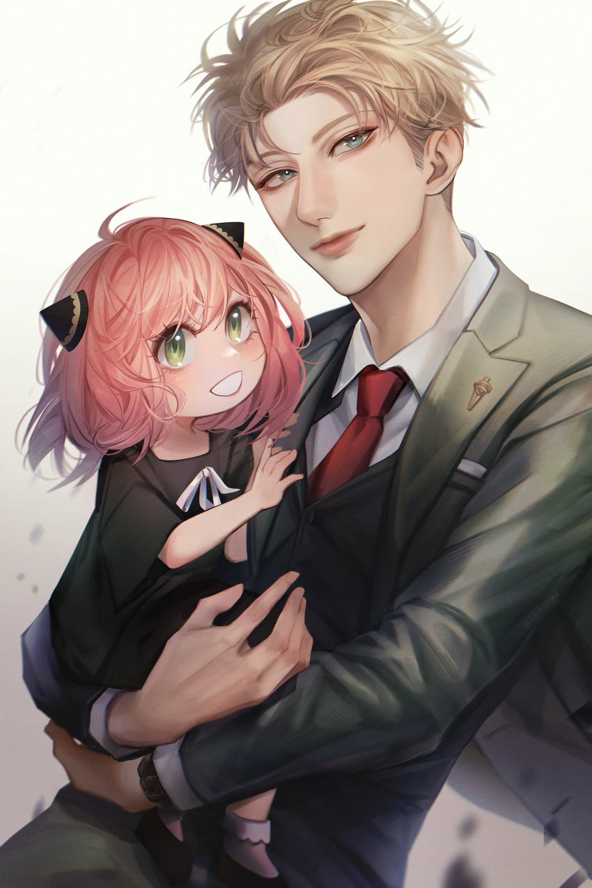 1boy, 1girl, absurdres, anya_(spy_x_family), black_hair, blonde_hair, blue_eyes, blush