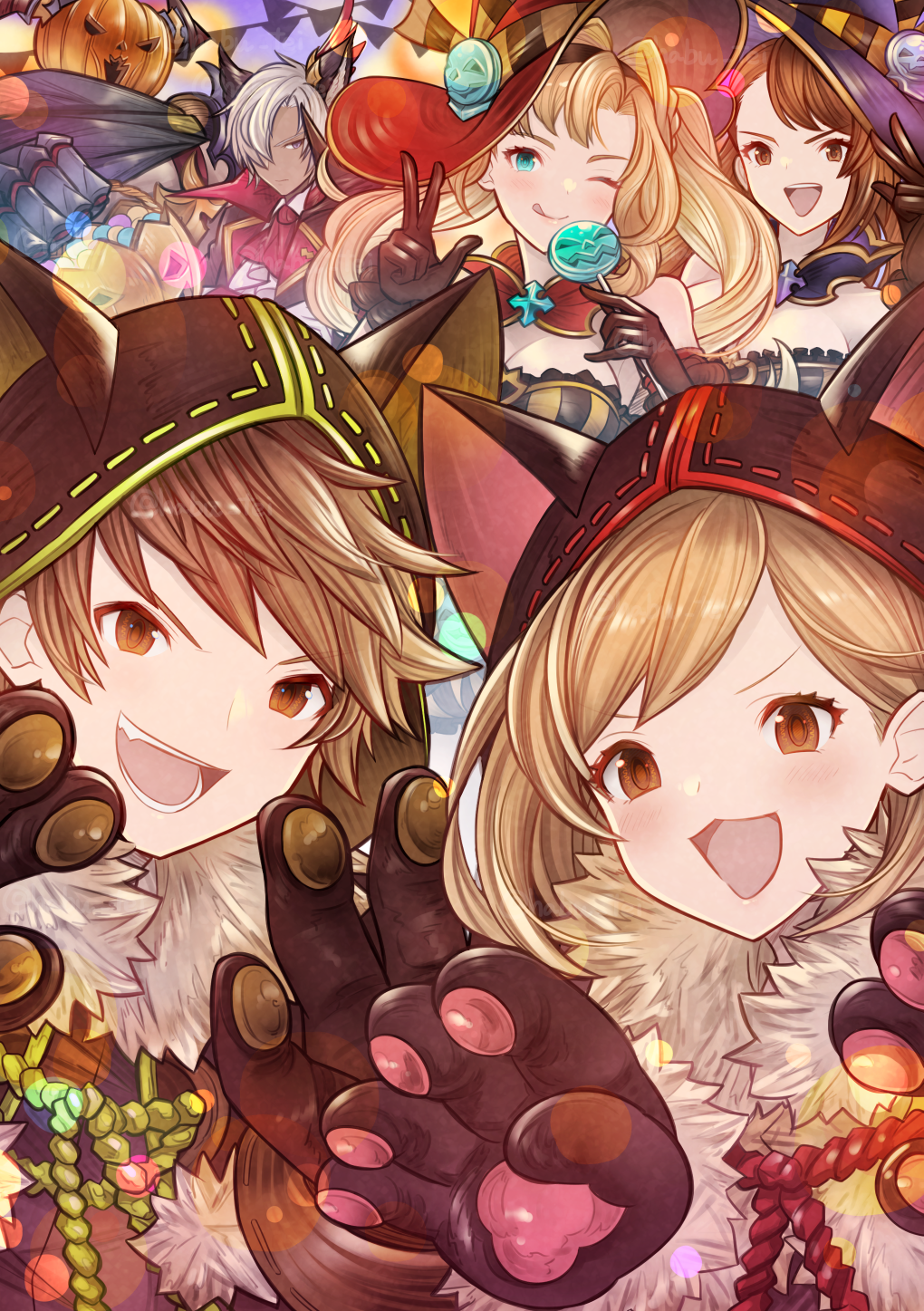 3boys, 3girls, animal_ears, animal_hands, animal_hood, asymmetrical_bangs, beatrix_(granblue_fantasy), beatrix_(halloween)_(granblue_fantasy)