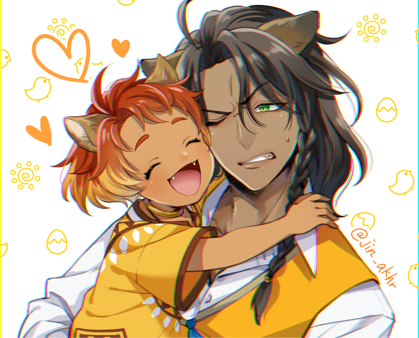 2boys, ahoge, animal_ears, bird, braid, cheka_kingscholar, chicken, child
