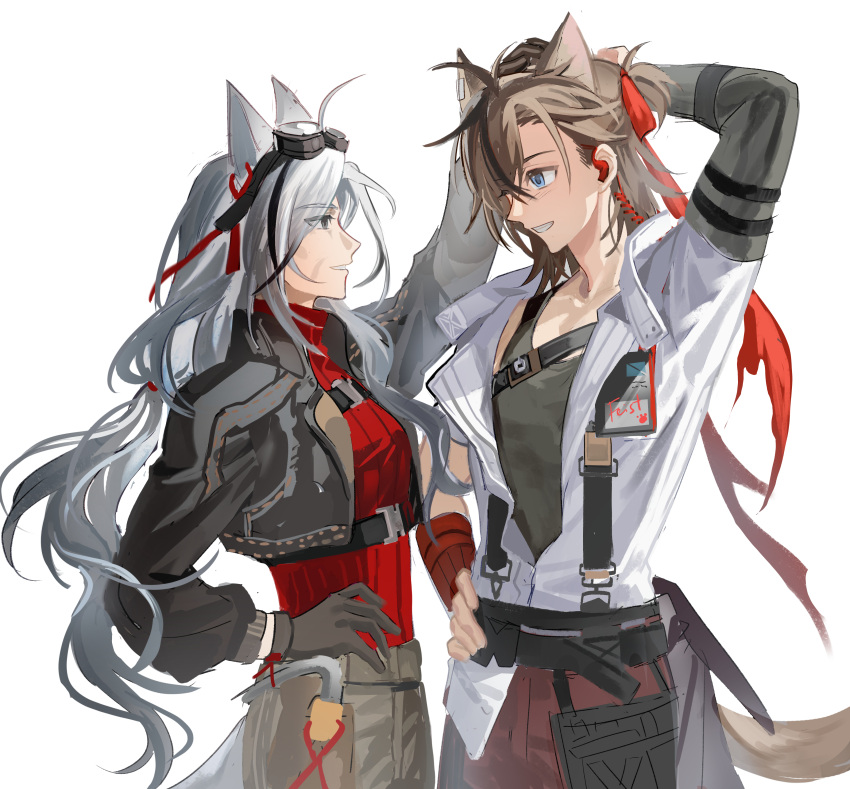 1boy, 1girl, absurdres, age_difference, ahoge, animal_ears, arknights, arm_up, asymmetrical_bangs, blue_eyes, blush, brown_hair, cat_boy, cat_ears, cat_girl, cat_tail, catherine_(arknights), chest_belt, chinese_commentary, chronial, commentary_request, cropped_jacket, earpiece, eye_contact, from_side, gloves, goggles, goggles_on_head, grandmother_and_grandson, grey_eyes, grey_gloves, grey_tank_top, grin, hair_behind_ear, hand_on_own_head, hand_on_own_hip, headpat, highres, long_hair, long_sleeves, looking_at_another, low_ponytail, medium_hair, old, old_woman, one_side_up, profile, red_sweater, scratching_head, simple_background, smile, stainless_(arknights), sweater, tail, tank_top, white_background, white_hair