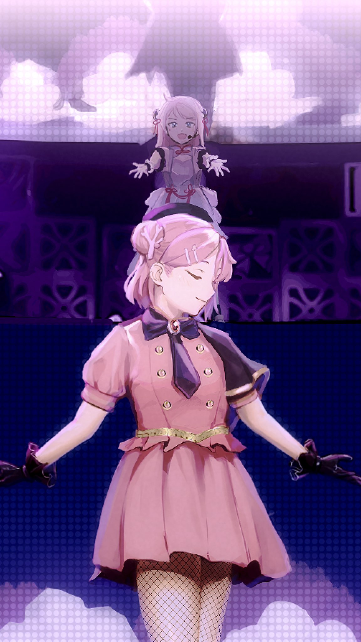 2girls, :d, become_444, black_bow, black_bowtie, black_capelet, black_gloves, black_necktie, blue_eyes, blunt_bangs, bow, bowtie, bun_cover, bun_with_braided_base, capelet, cleavage_cutout, closed_eyes, closed_mouth, clothing_cutout, commentary, coral_hair_ornament, cowboy_shot, double_bun, dress, fishnet_pantyhose, fishnets, frilled_gloves, frilled_shirt, frills, gloves, hair_bun, hair_ornament, hairclip, half_updo, highres, long_hair, love_live!, love_live!_nijigasaki_high_school_idol_club, love_live!_nijigasaki_high_school_idol_club_kanketsu-hen, medium_hair, miniskirt, multiple_girls, necktie, official_alternate_costume, open_mouth, pantyhose, phoenix_(love_live!), pink_hair, pink_shirt, pink_skirt, pleated_skirt, puffy_short_sleeves, puffy_sleeves, shirt, short_sleeves, side_cape, single_side_bun, skirt, skirt_set, sleeveless, sleeveless_dress, smile, stage, standing, stellar_stream_(love_live!), swept_bangs, u_u, uehara_ayumu, white_dress, zhong_lanzhu, zoom_layer