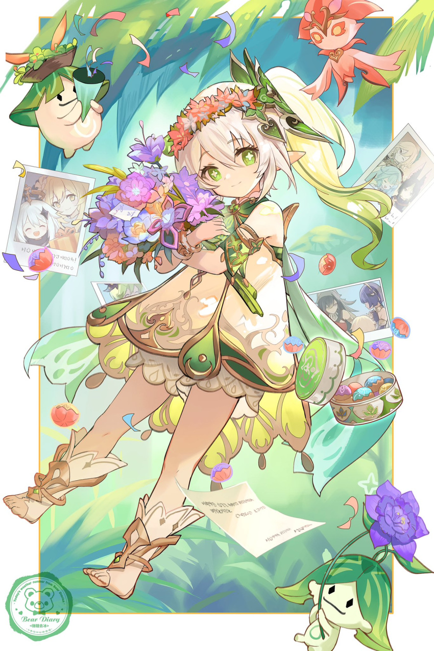 1girl, aranara_(genshin_impact), bare_shoulders, bloomers, blue_flower, bouquet, bracelet, candace_(genshin_impact)