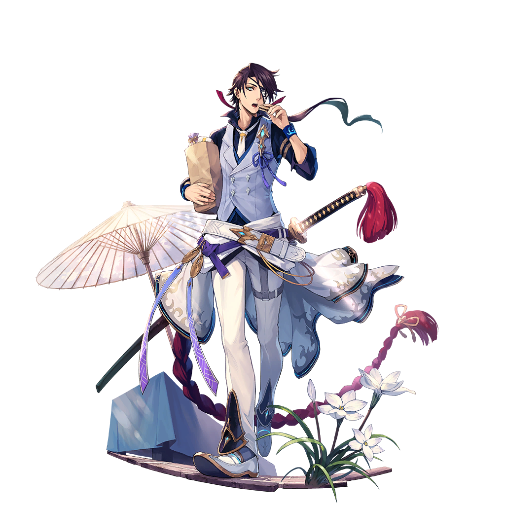 1boy, bag, belt, blue_shirt, blue_vest, collared_shirt, collared_vest, eating