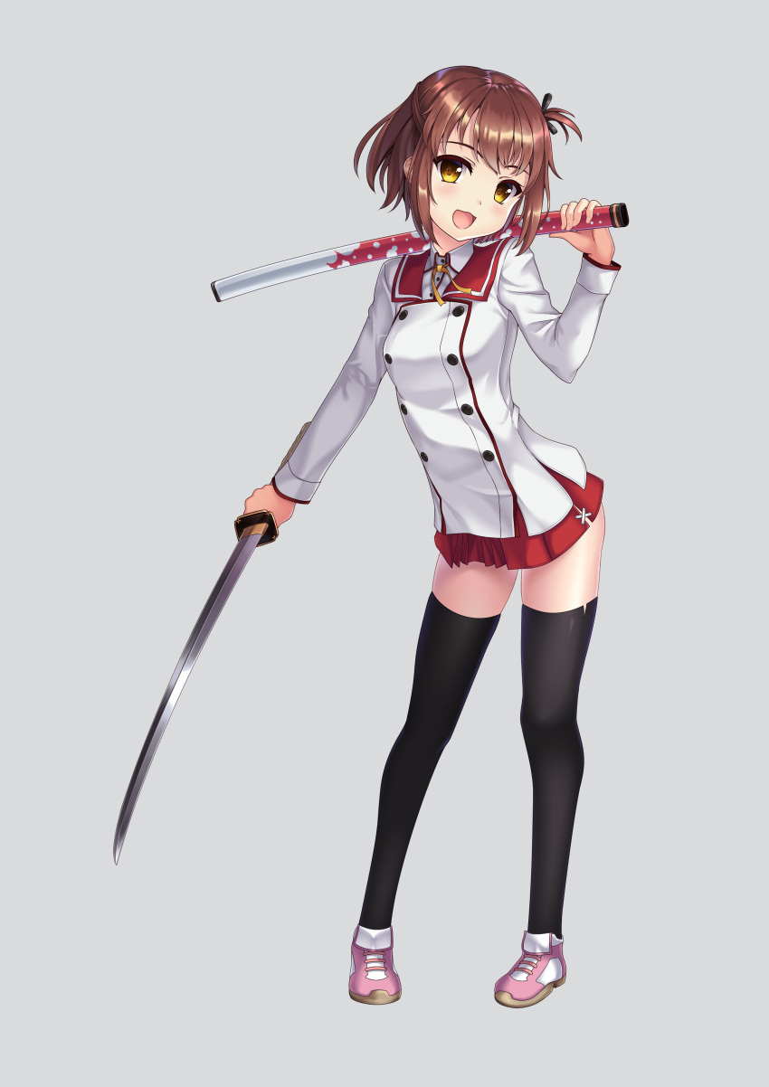 1girl, :d, absurdres, black_thighhighs, brown_hair, brysinggamen, commentary_request, contrapposto