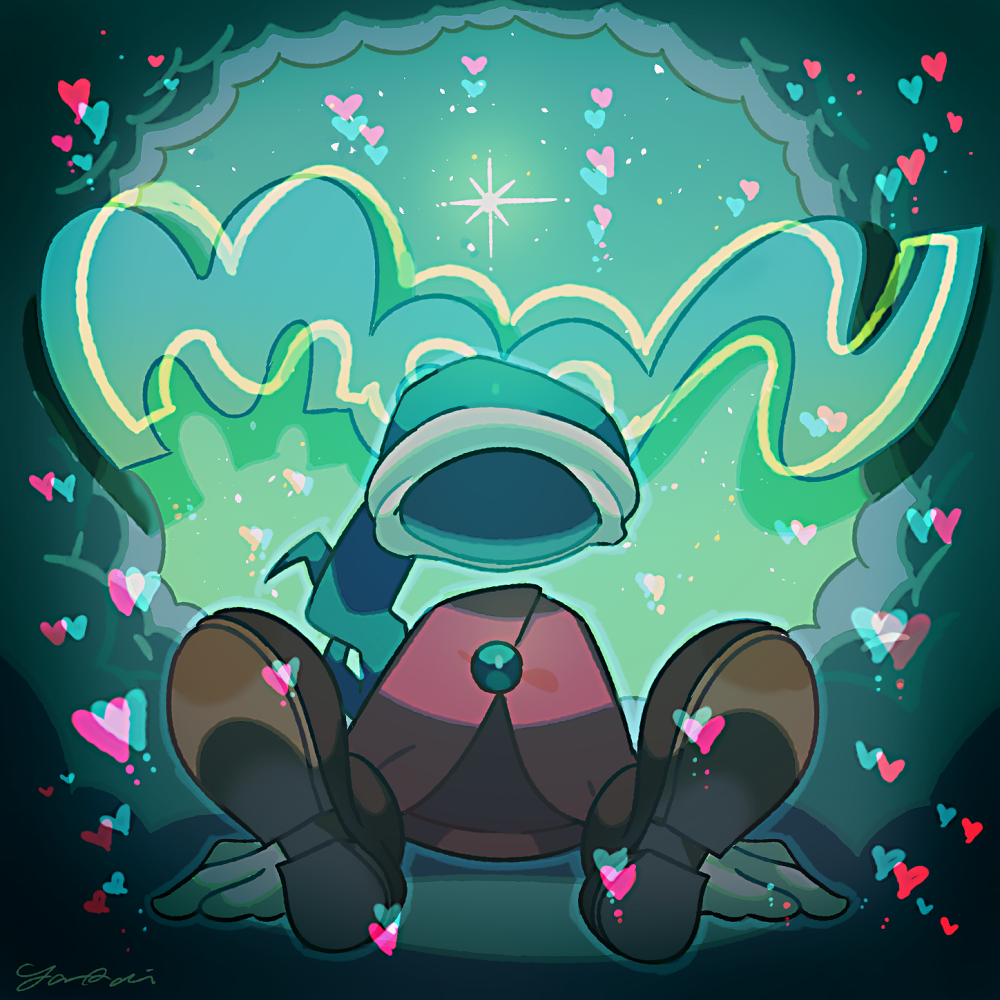 1boy, brown_footwear, cloak, copyright_name, full_body, gloves, green_hat, hat, heart, invisible, male_focus, moon_(love-de-lic), phrygian_cap, player_(moon), rayman_limbs, signature, sitting, solo, white_gloves, yasaikakiage