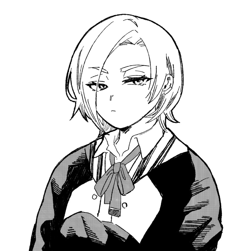 1girl, absurdres, closed_mouth, collared_shirt, dress_shirt, eyes_visible_through_hair, frown, greyscale