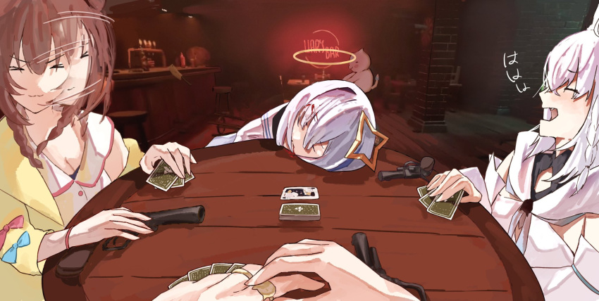 35p_(sakura_miko), 4girls, amane_kanata, amane_kanata_(1st_costume), animal_ears, bar_(place), blood, blood_from_mouth