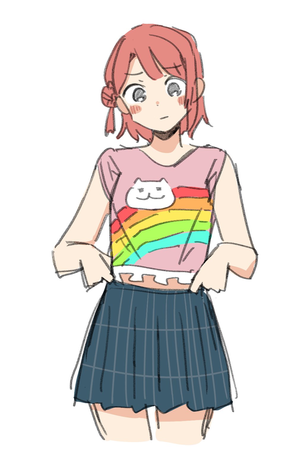 1girl, animal_print, blue_skirt, blunt_bangs, bun_with_braided_base, cat_print, cowboy_shot, cropped_legs