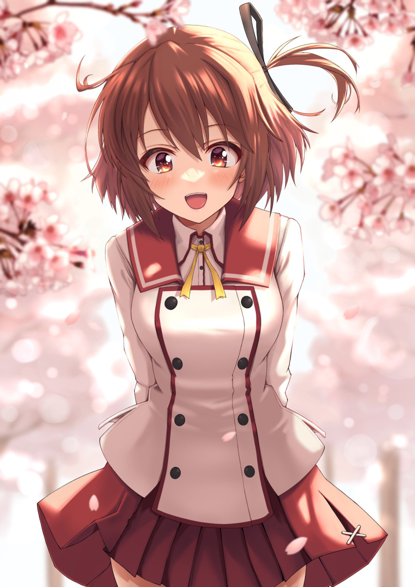 1girl, :d, arms_behind_back, blurry, blurry_background, blush, breasts, brown_eyes, brown_hair, buttons, cherry_blossoms, collared_shirt, commentary_request, cowboy_shot, double-breasted, etou_kanami, fear_jyosyu, hair_between_eyes, highres, long_sleeves, looking_at_viewer, medium_breasts, miniskirt, minoseki_gakuin_uniform, neck_ribbon, one_side_up, open_mouth, outdoors, petals, pleated_skirt, red_sailor_collar, red_skirt, ribbon, sailor_collar, school_uniform, shirt, short_hair, skirt, smile, solo, standing, toji_no_miko, tree, white_shirt, winter_uniform, yellow_ribbon