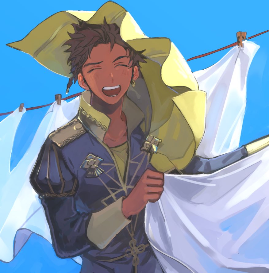 1boy, arms_up, bed_sheet, blue_background, blue_sky, blush, braid, brown_hair