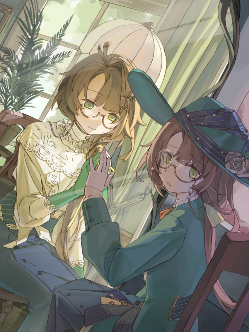 1girl, black_skirt, brown_hair, crying, crying_with_eyes_open, different_reflection, dutch_angle, eyewear_strap, flower, glasses, gloves, green_eyes, green_gloves, green_hat, green_jacket, hand_on_mirror, hat, hat_flower, highres, indoors, jacket, kakania_(reverse:1999), lamp, looking_at_another, looking_at_viewer, low_ponytail, ma_(matchawwwwww), mirror, neck_ribbon, on_chair, parted_lips, picture_hat, plant, red_ribbon, reflection, reverse:1999, ribbon, round_eyewear, semi-rimless_eyewear, shirt, single_tear, sitting, skirt, smile, tears, turning_head, under-rim_eyewear, upper_body, white_gloves, white_shirt, window, yellow_flower