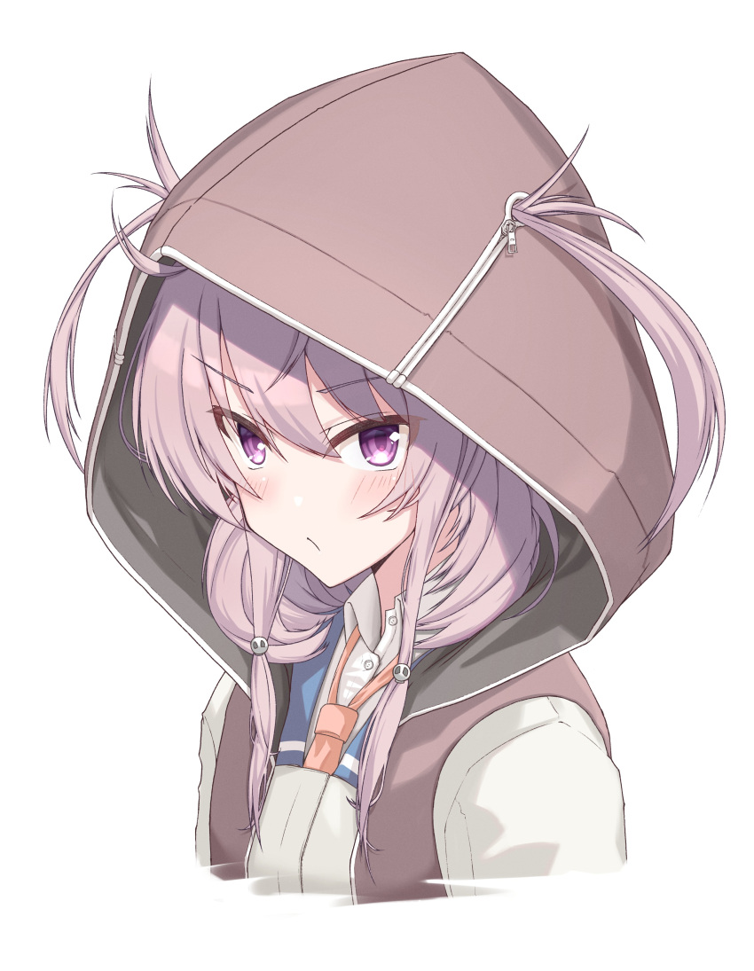 1girl, absurdres, blush, brown_jacket, closed_mouth, collared_shirt, cropped_shoulders, fear_jyosyu