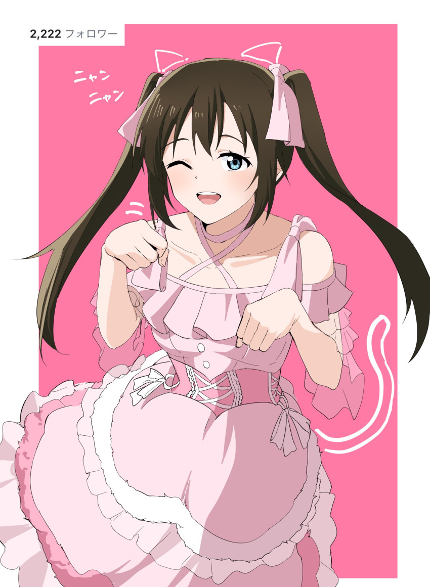 1girl, 89ru0, ;d, blue_eyes, breasts, brown_hair, collarbone, commentary_request