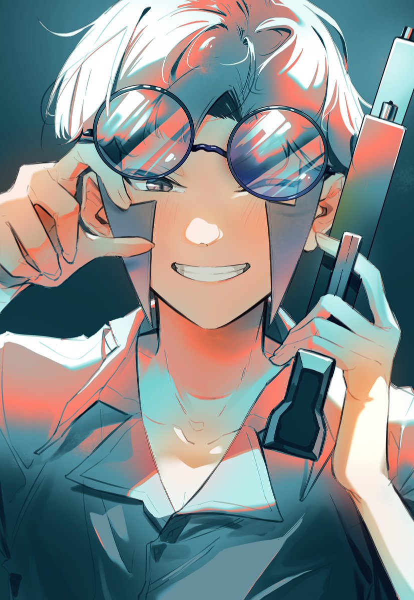 1boy, arm_up, blue-framed_eyewear, blue_background, collarbone, commentary_request, emmet_(pokemon), grey_hair, gun, hand_up, highres, holding, holding_gun, holding_weapon, long_sideburns, male_focus, moriyuisu, one_eye_closed, pokemon, pokemon_bw, round_eyewear, shirt, short_hair, sideburns, smile, solo, teeth, upper_body, weapon