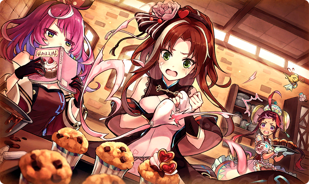 3girls, above_cleavage_cutout, ahoge, albea_(ta_ga_tame_no_alchemist), bindi, black_gloves, book, brown_hair, chocolate, commentary, covering_own_mouth, cupcake, dress, food, gloves, green_eyes, holding, holding_book, indoors, kitchen, leafah_(ta_ga_tame_no_alchemist), long_hair, looking_at_food, medium_hair, mittens, multiple_girls, official_alternate_costume, official_art, open_book, open_mouth, parted_bangs, pink_dress, purple_hair, rahu_(ta_ga_tame_no_alchemist), sleeveless, sleeveless_dress, sweatdrop, ta_ga_tame_no_alchemist, teeth, third-party_source, upper_teeth_only, valentine, wavy_mouth, whipped_cream