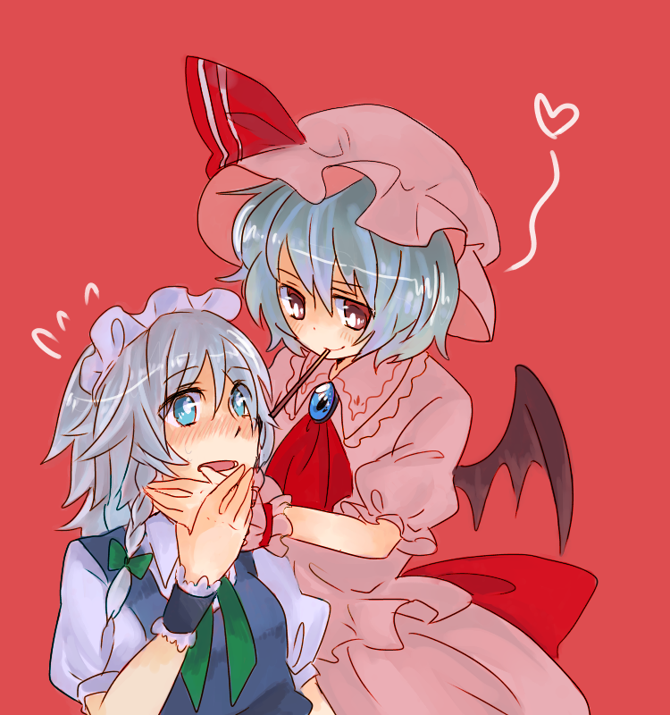 face, hands, heart, izayoi_sakuya, mizuoka, pocky, remilia_scarlet, touhou