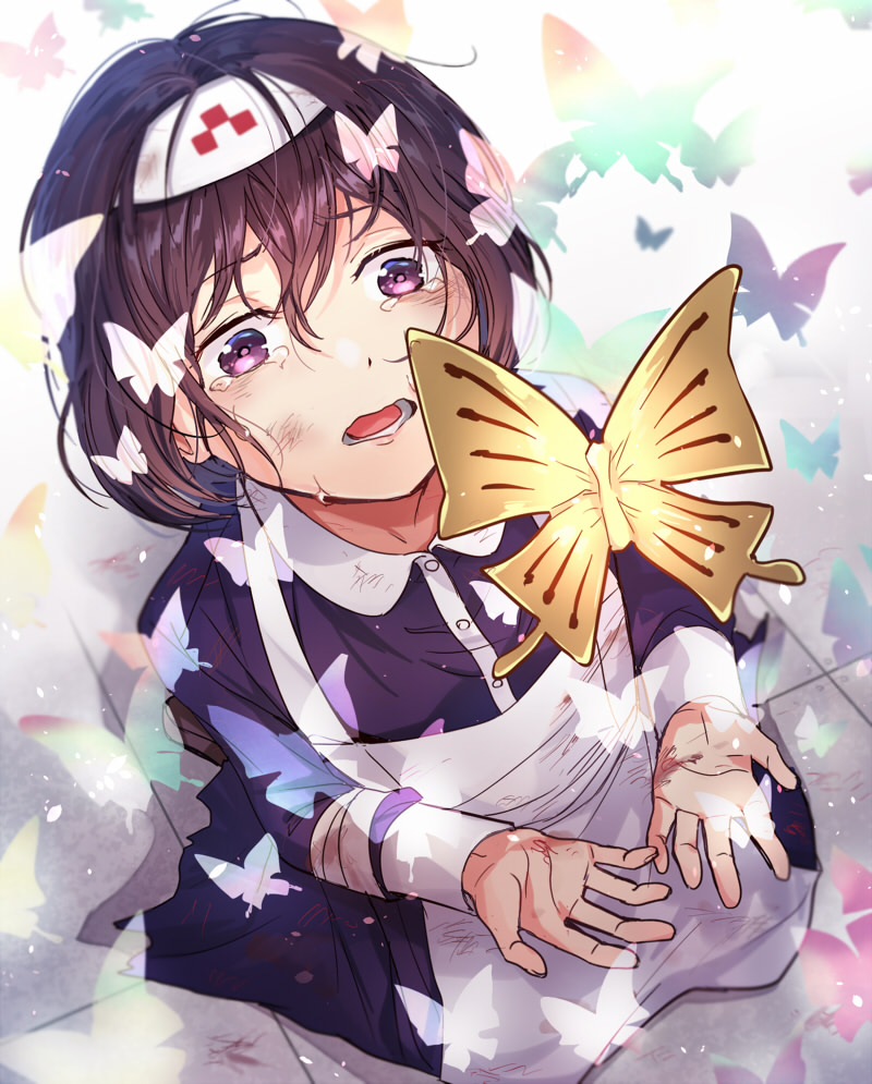 1girl, aged_down, apron, bandaged_arm, bandages, bruise, bug, bungou_stray_dogs