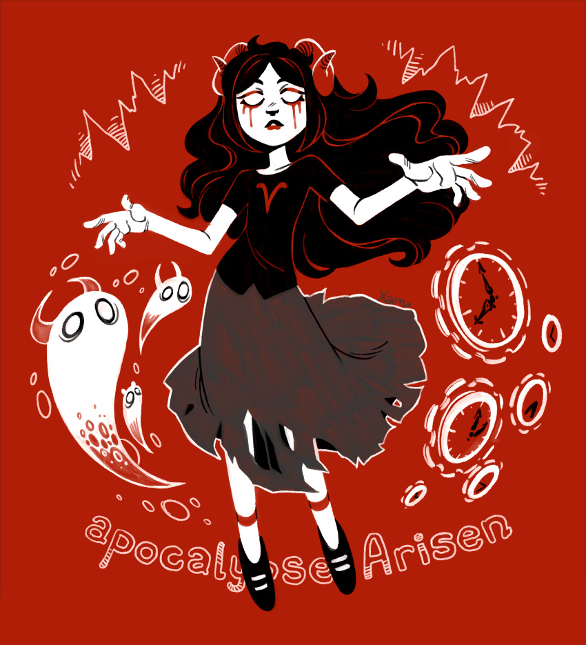 1girl, analog_clock, aradia_megido, aries_(symbol), black_footwear, black_hair, black_shirt, blood