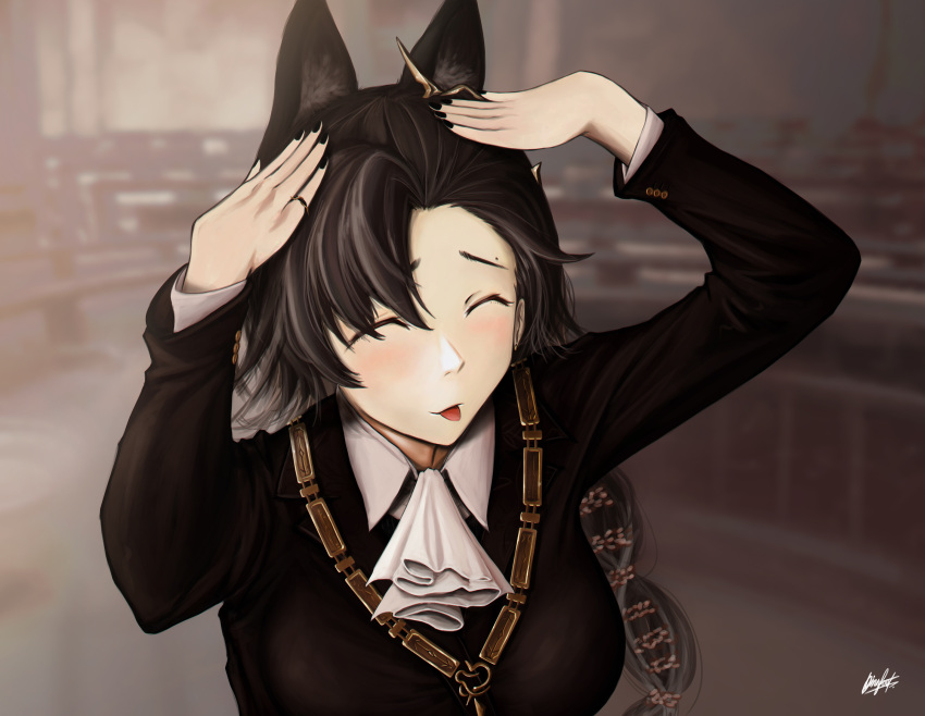 1girl, :p, absurdres, ah_eto..._bleh_(meme), animal_ears, arknights, arms_up, ascot, black_hair, black_nails, black_sweater, breasts, closed_eyes, collared_shirt, dinnyforst, facing_viewer, hair_ornament, highres, jewelry, long_hair, long_sleeves, meme, mole, mole_above_eye, nail_polish, penance_(arknights), ring, shirt, solo, sweater, tongue, tongue_out, upper_body, white_ascot, white_shirt, wolf_ears, wolf_girl
