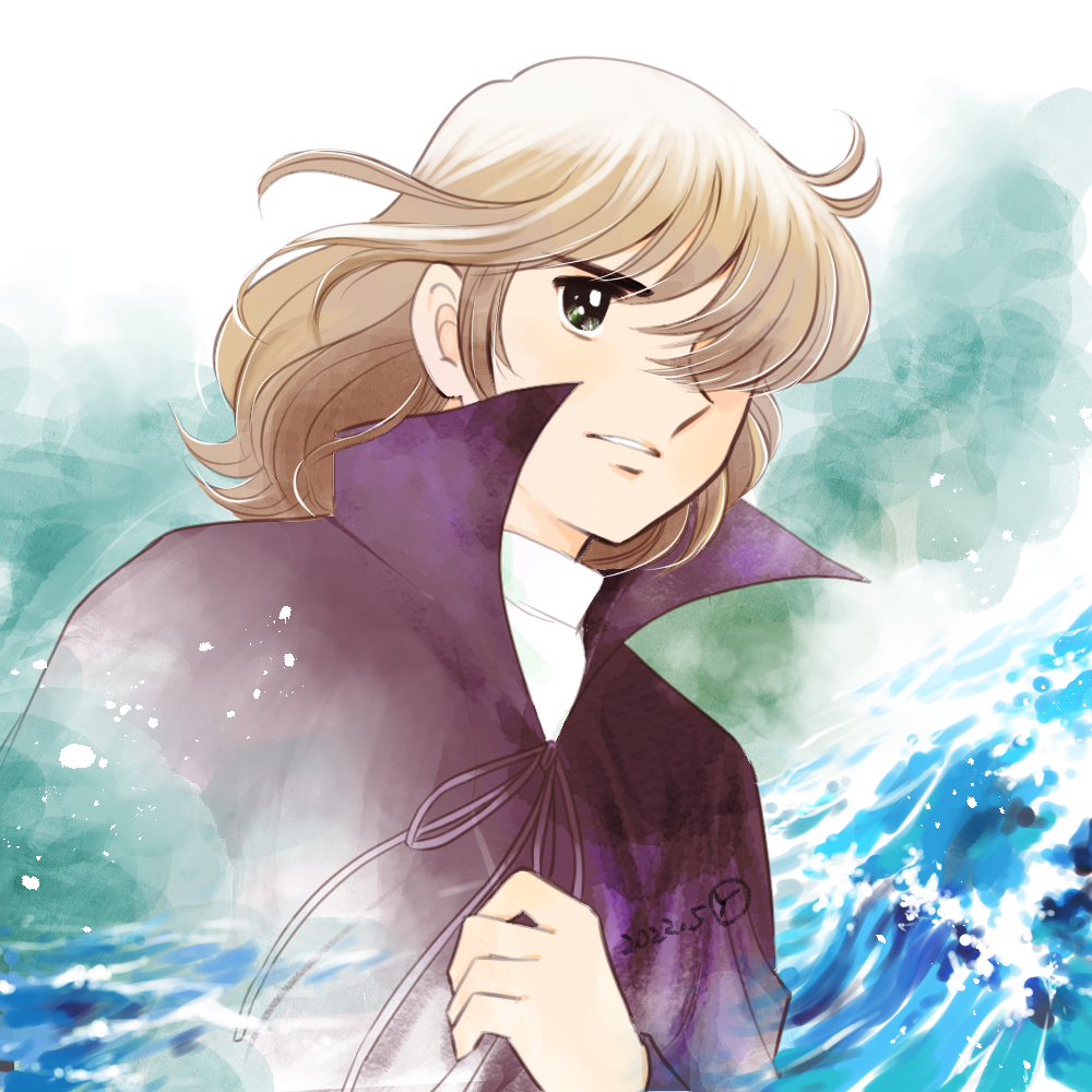 1boy, brown_hair, candy_candy_(series), cloak, day, hair_over_one_eye, male_focus, medium_hair