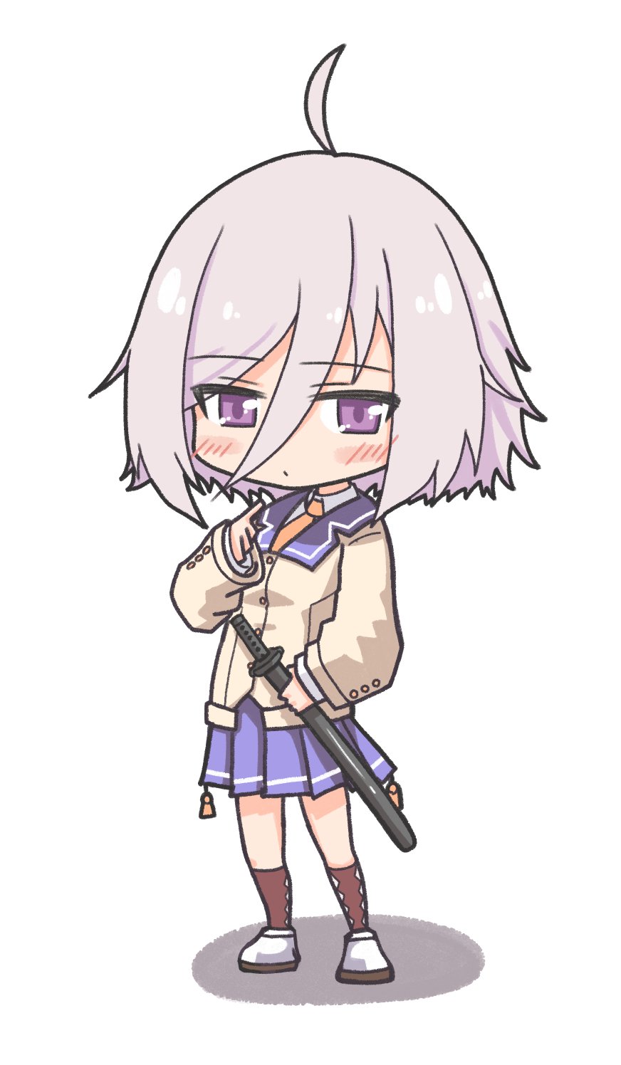 1girl, ahoge, blush, brown_socks, chibi, closed_mouth, collared_shirt, commentary_request