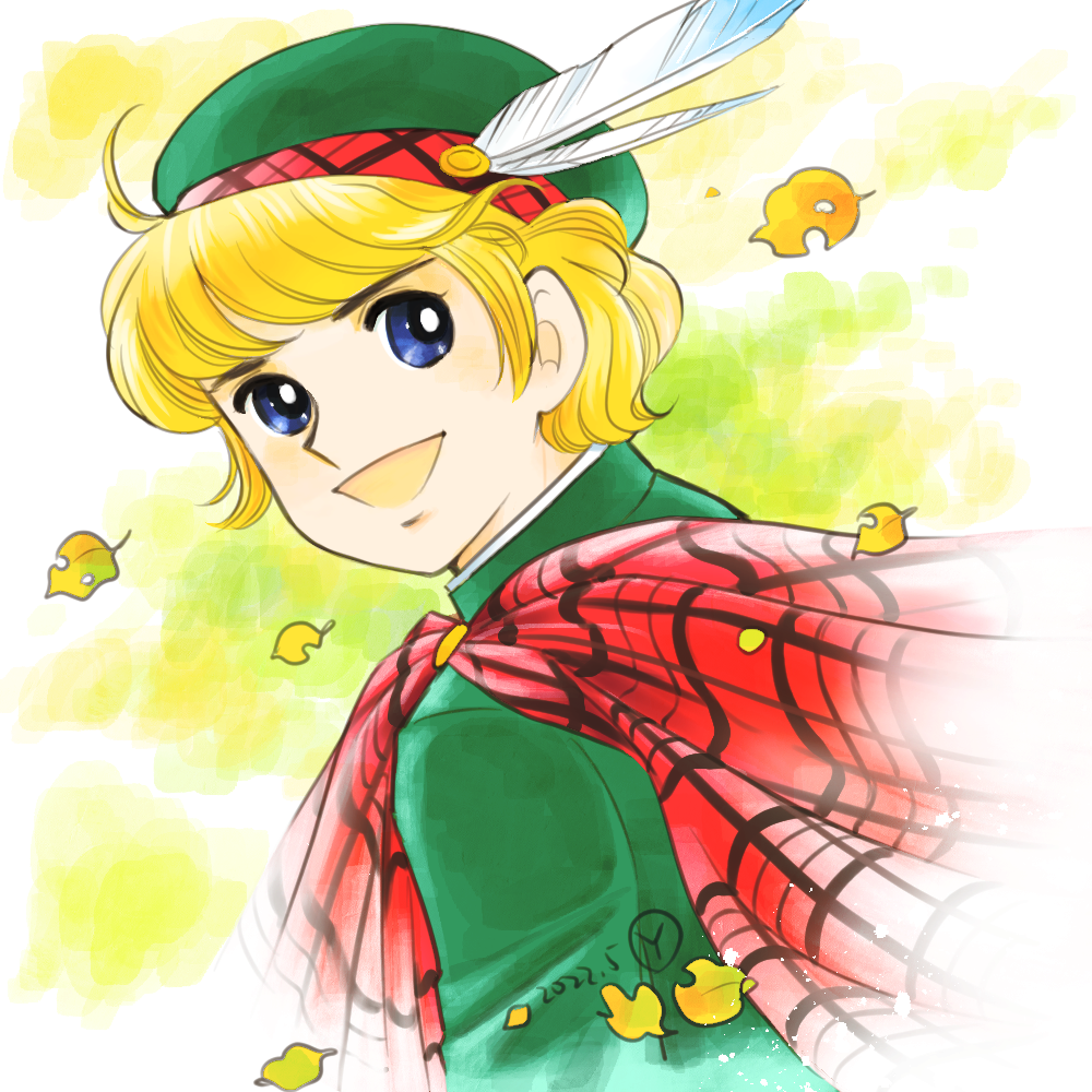 1boy, :d, anthony_brown, blonde_hair, blue_eyes, candy_candy_(series), dated, falling_leaves