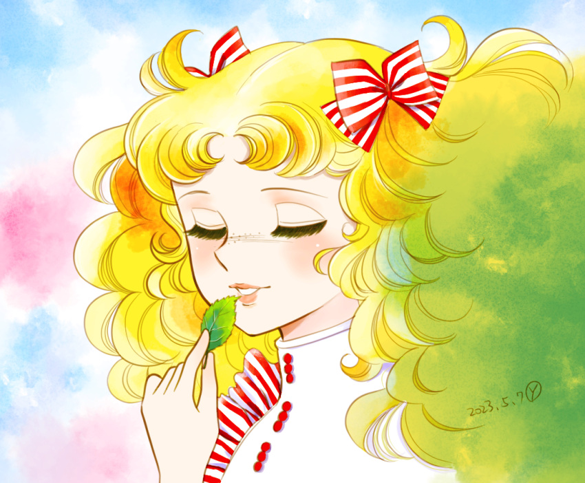 1girl, blonde_hair, bow, candice_white_ardlay, candy_candy_(series), closed_eyes, dated, facing_viewer